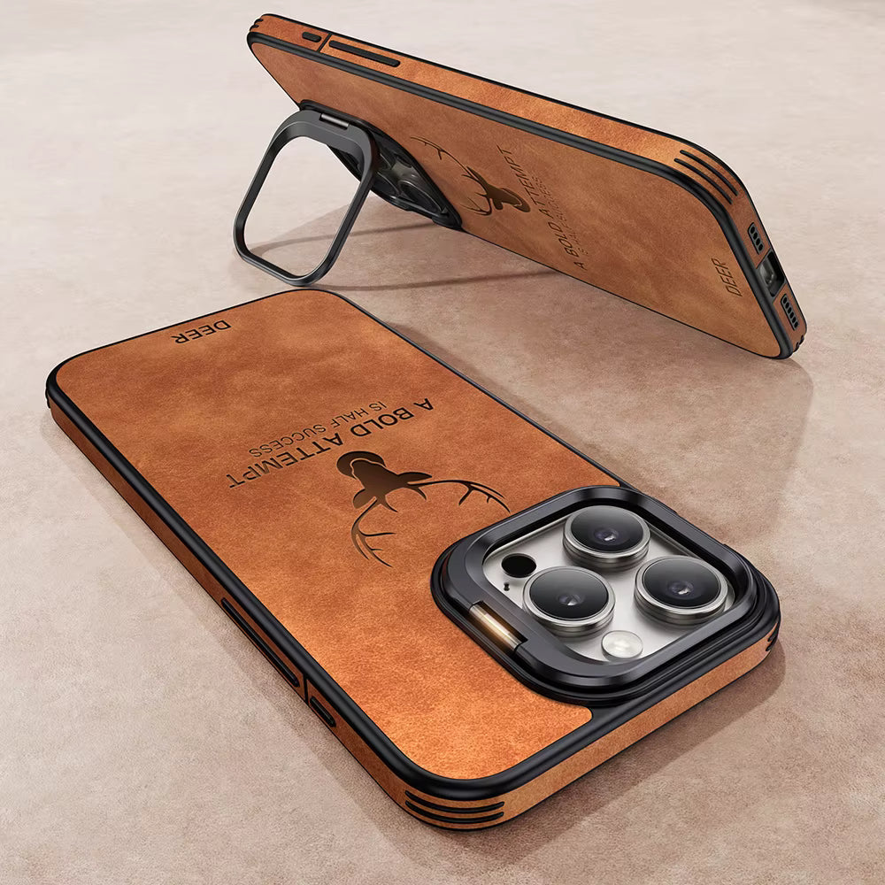 Case de Cuero PU Premium Ciervo - Lentes para Iphone 14 - Marrón