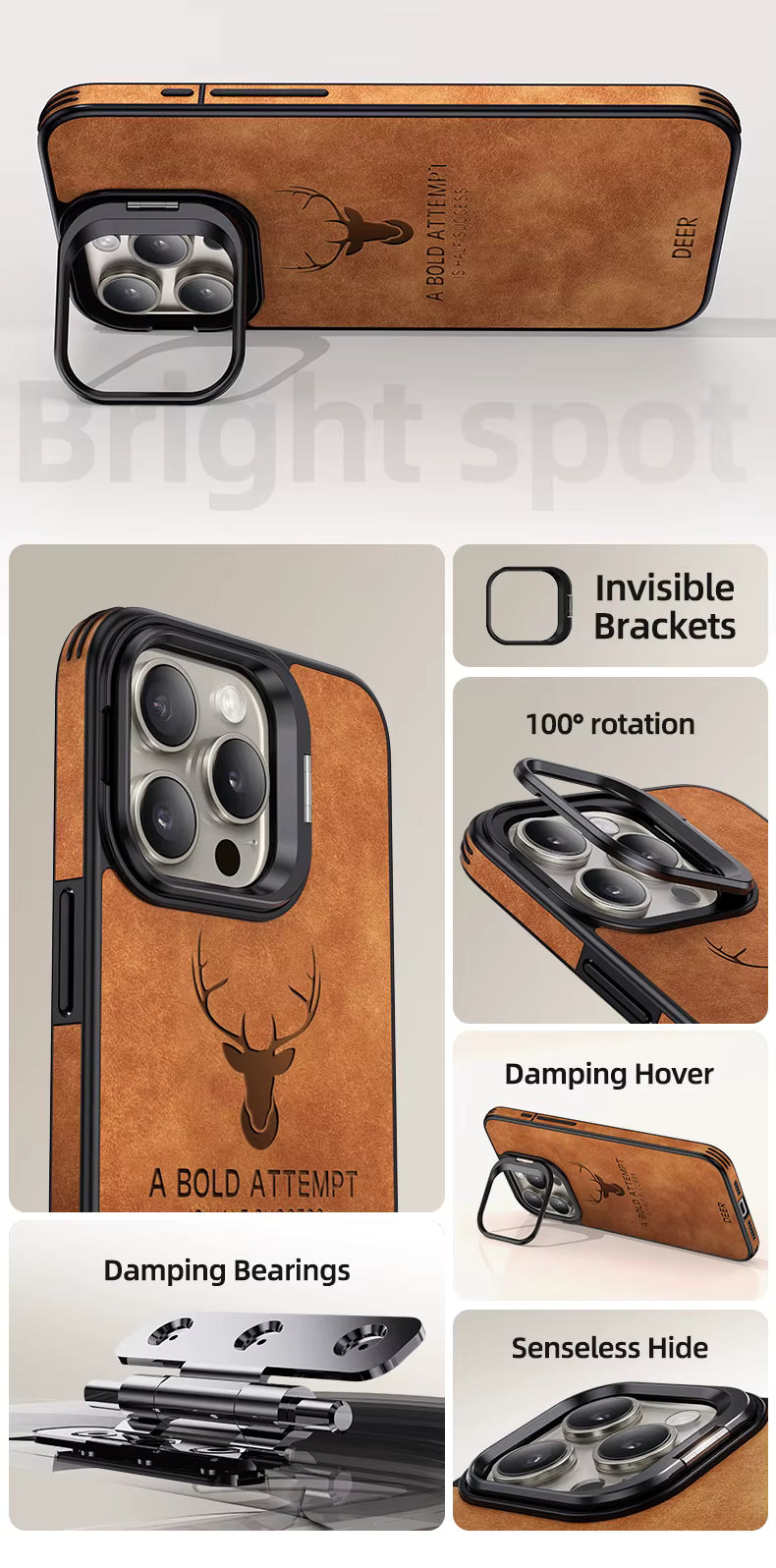Case de Cuero PU Premium Ciervo - Lentes para Iphone 14 - Marrón